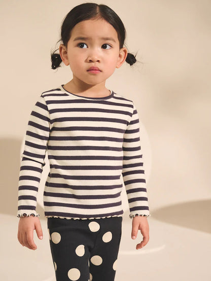 |Girl| Blusas Caneladas De Manga Comprida Pretas/Brancas, Pacote Com 5 (3 meses a 7 anos)