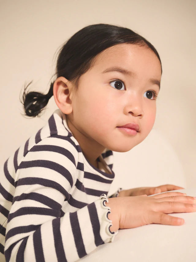 |Girl| Blusas Caneladas De Manga Comprida Pretas/Brancas, Pacote Com 5 (3 meses a 7 anos)