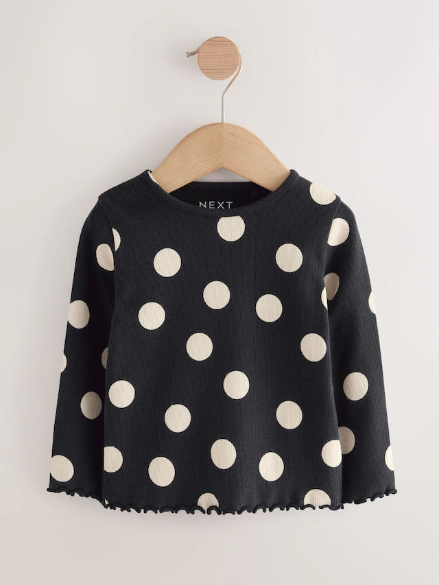 |Girl| Blusas Caneladas De Manga Comprida Pretas/Brancas, Pacote Com 5 (3 meses a 7 anos)