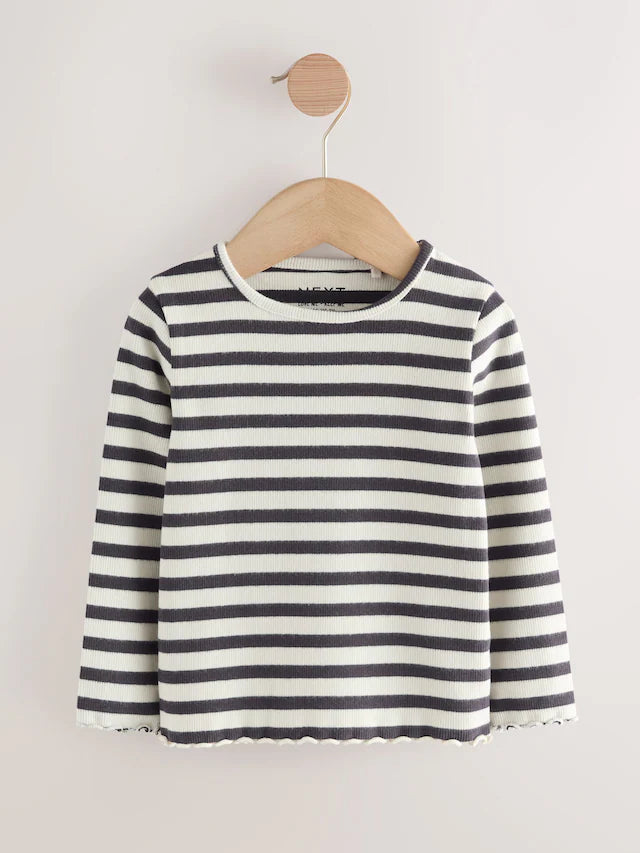 |Girl| Blusas Caneladas De Manga Comprida Pretas/Brancas, Pacote Com 5 (3 meses a 7 anos)