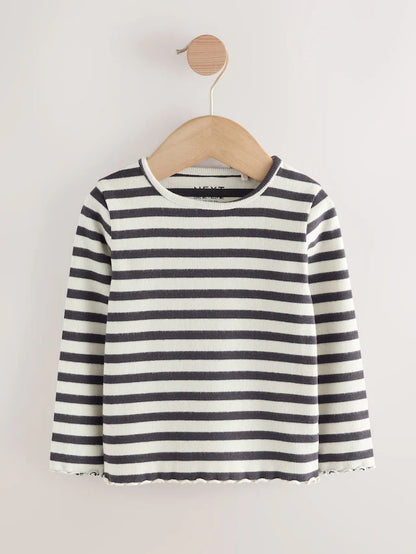 |Girl| Blusas Caneladas De Manga Comprida Pretas/Brancas, Pacote Com 5 (3 meses a 7 anos)