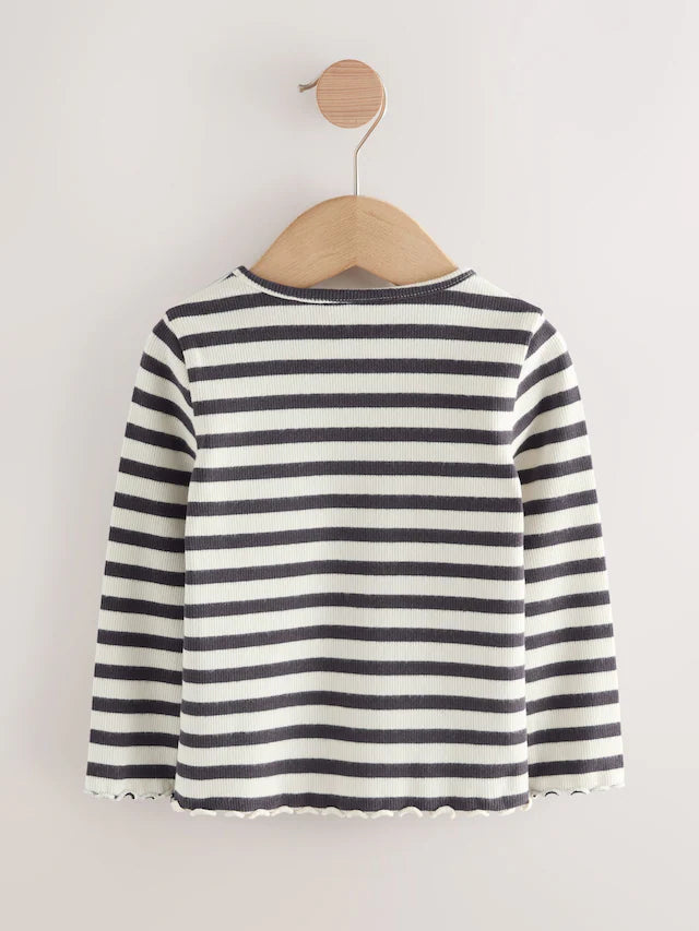 |Girl| Blusas Caneladas De Manga Comprida Pretas/Brancas, Pacote Com 5 (3 meses a 7 anos)