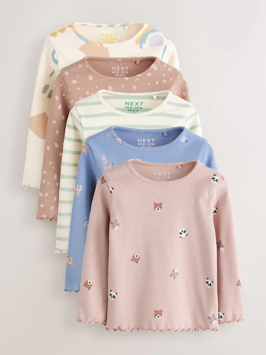 |Girl| Blusas Caneladas De Manga Comprida Azul-Marinho/Gengibre, Pacote com 5 (3 meses a 7 anos)