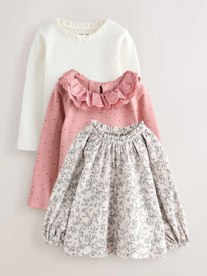 |Girl| Blusas Bordadas De Manga Comprida Rosa/Neutras (3 meses a 7 anos)