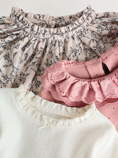 |Girl| Blusas Bordadas De Manga Comprida Rosa/Neutras (3 meses a 7 anos)