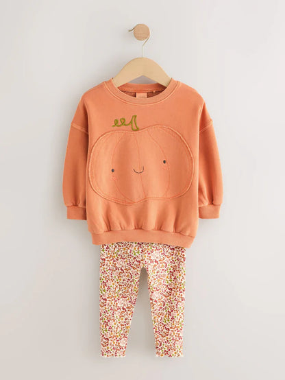 |Girl| Conjunto De Moletom e Leggings De Abóbora Laranja De Halloween (3 meses a 7 anos)
