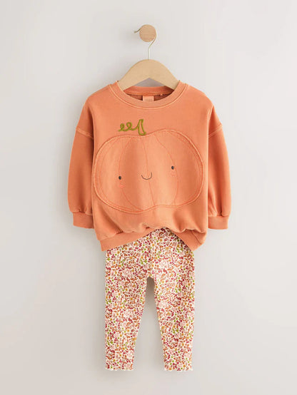 |Girl| Conjunto De Moletom e Leggings De Abóbora Laranja De Halloween (3 meses a 7 anos)