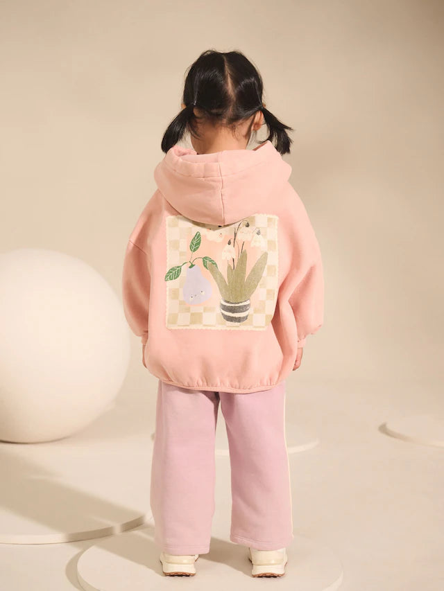 |Girl| Conjunto De Moletom Com Estampa Gráfica De Plantas Rosa Claro e Calça De Moletom De Perna Larga (3 meses a 7 anos)