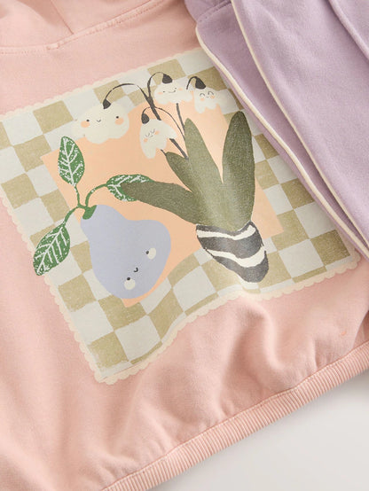 |Girl| Conjunto De Moletom Com Estampa Gráfica De Plantas Rosa Claro e Calça De Moletom De Perna Larga (3 meses a 7 anos)