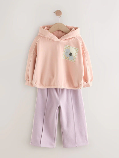 |Girl| Conjunto De Moletom Com Estampa Gráfica De Plantas Rosa Claro e Calça De Moletom De Perna Larga (3 meses a 7 anos)