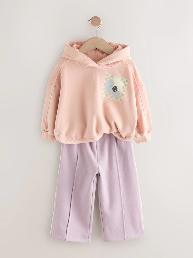 |Girl| Conjunto De Moletom Com Estampa Gráfica De Plantas Rosa Claro e Calça De Moletom De Perna Larga (3 meses a 7 anos)