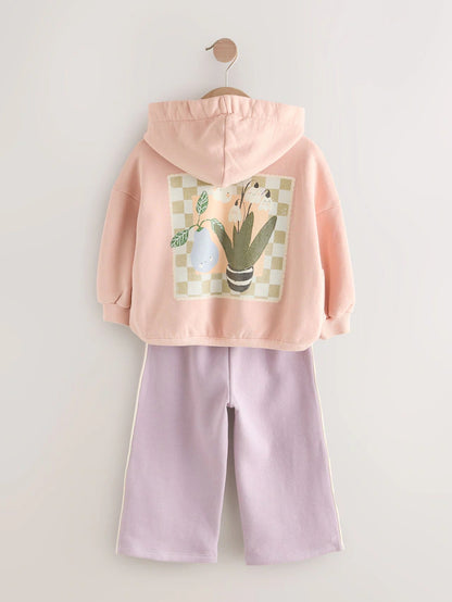 |Girl| Conjunto De Moletom Com Estampa Gráfica De Plantas Rosa Claro e Calça De Moletom De Perna Larga (3 meses a 7 anos)