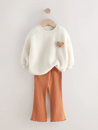 |Girl| Conjunto De Moletom e Legging Flare Teddy Borg Creme (3 meses a 7 anos)