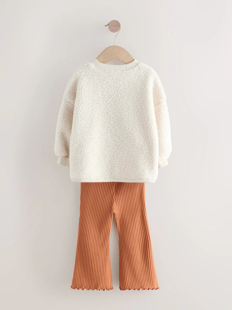 |Girl| Conjunto De Moletom e Legging Flare Teddy Borg Creme (3 meses a 7 anos)
