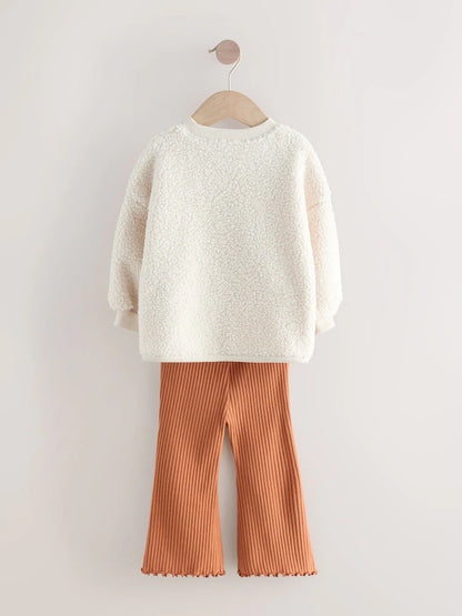 |Girl| Conjunto De Moletom e Legging Flare Teddy Borg Creme (3 meses a 7 anos)