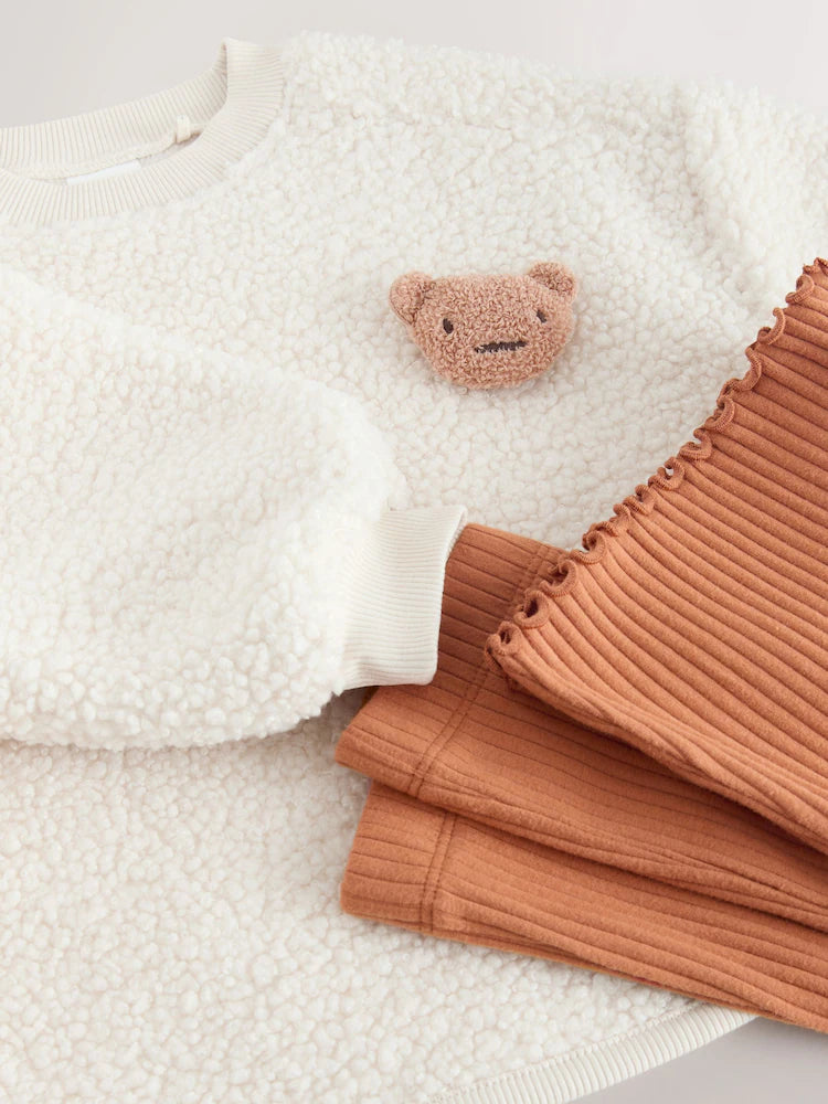 |Girl| Conjunto De Moletom e Legging Flare Teddy Borg Creme (3 meses a 7 anos)