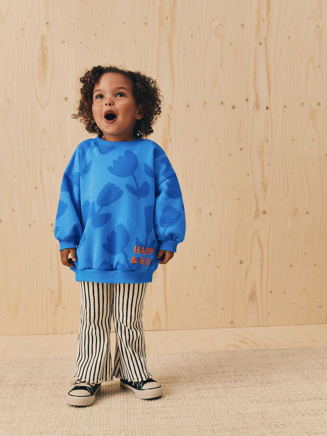 |Girl| Conjunto De Moletom Com Estampa De Flor Azul e Legging Flare (3 meses a 7 anos)