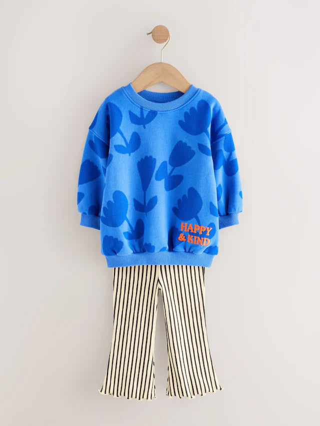 |Girl| Conjunto De Moletom Com Estampa De Flor Azul e Legging Flare (3 meses a 7 anos)