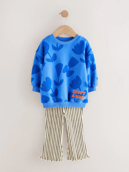 |Girl| Conjunto De Moletom Com Estampa De Flor Azul e Legging Flare (3 meses a 7 anos)