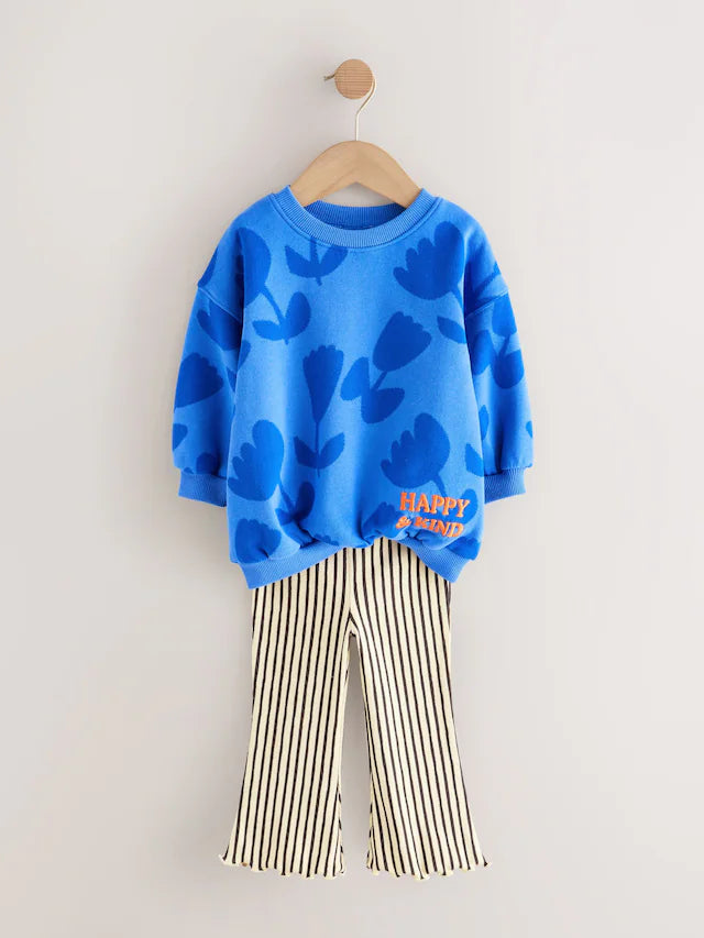 |Girl| Conjunto De Moletom Com Estampa De Flor Azul e Legging Flare (3 meses a 7 anos)