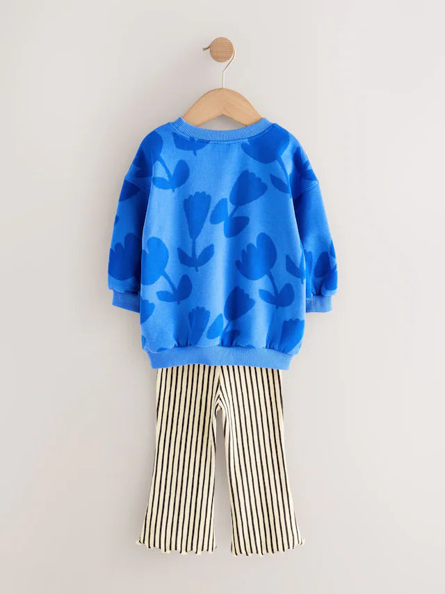 |Girl| Conjunto De Moletom Com Estampa De Flor Azul e Legging Flare (3 meses a 7 anos)