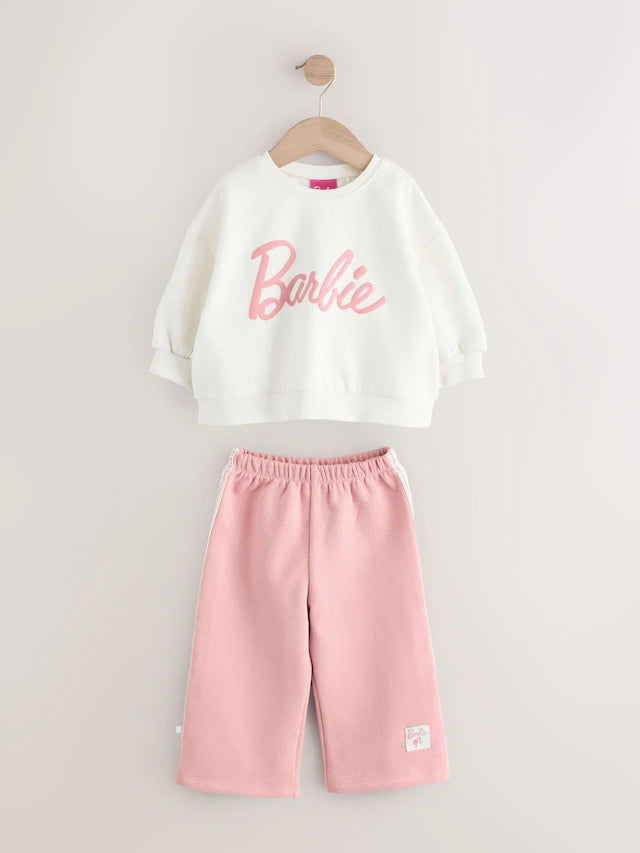 |Girl| Conjunto De Moletom Barbie Creme/Rosa e Calça Jogger De Perna Larga (3 meses a 7 anos)
