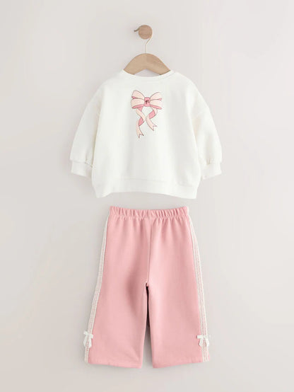 |Girl| Conjunto De Moletom Barbie Creme/Rosa e Calça Jogger De Perna Larga (3 meses a 7 anos)