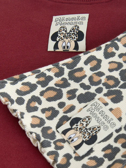 |Girl| Conjunto De Moletom e Legging Flare Minnie Mouse Com Oncinha Vermelha Bordô (3 meses a 7 anos)