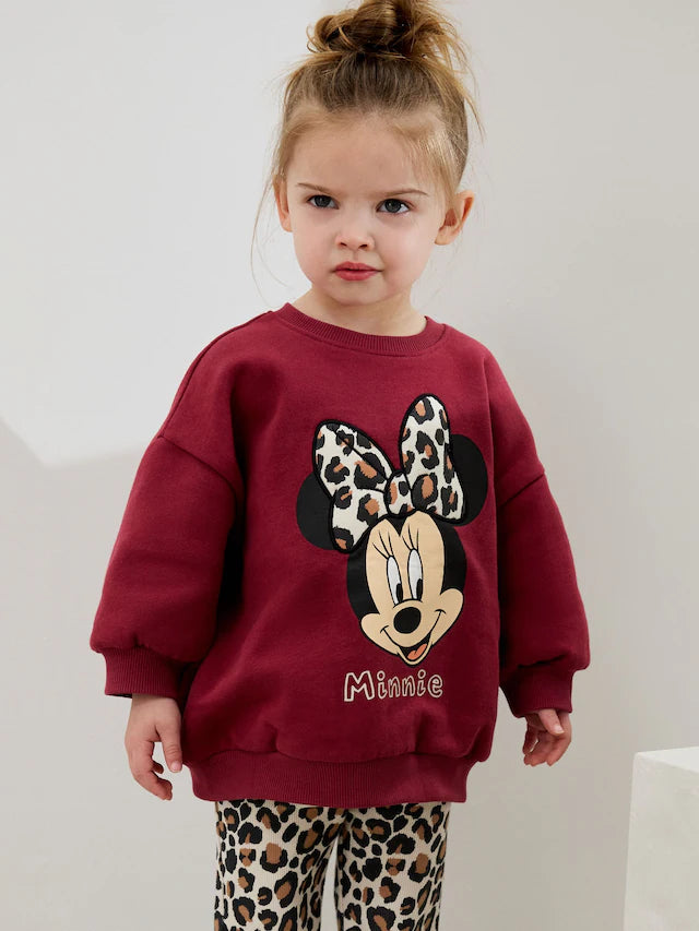 |Girl| Conjunto De Moletom e Legging Flare Minnie Mouse Com Oncinha Vermelha Bordô (3 meses a 7 anos)