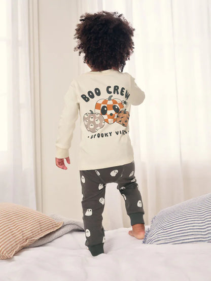 |Girl| Pijama De Halloween Com Ajuste Individual Creme/Preto (9 meses a 10 anos)