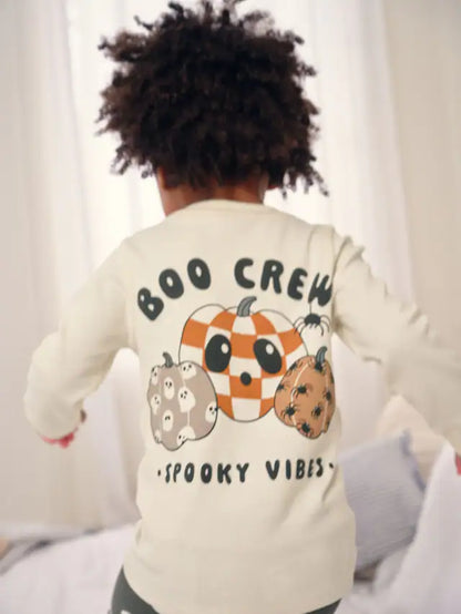 |Girl| Pijama De Halloween Com Ajuste Individual Creme/Preto (9 meses a 10 anos)