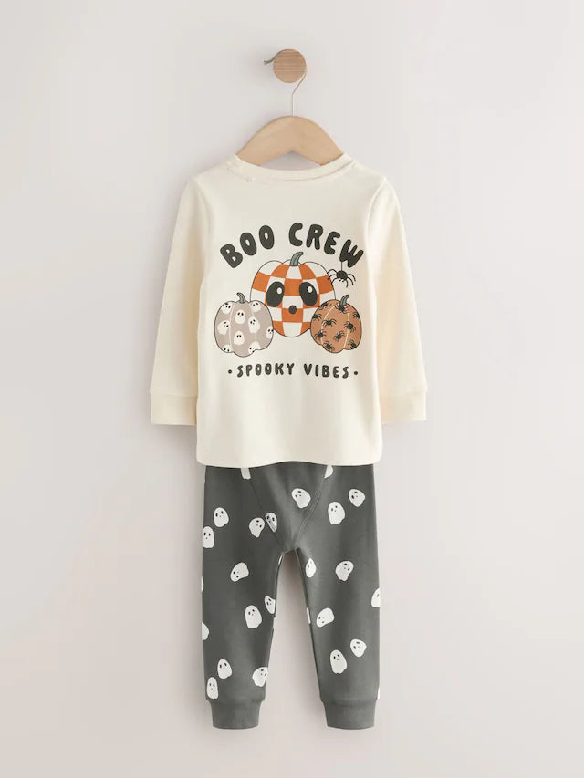 |Girl| Pijama De Halloween Com Ajuste Individual Creme/Preto (9 meses a 10 anos)