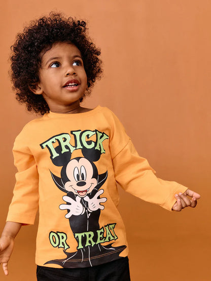 |Boy| Camiseta Laranja De Manga Comprida Do Mickey Mouse Halloween (3 meses a 8 anos)