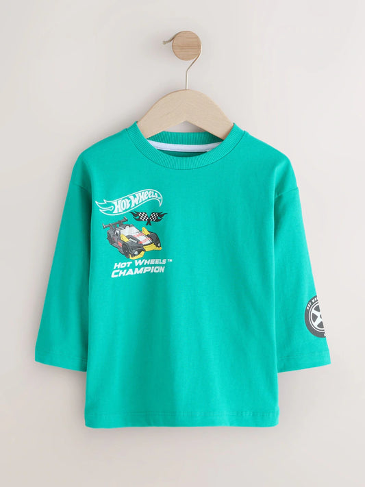 |Boy| Camiseta Verde Hot Wheels De Manga Comprida (9 meses a 8 anos)