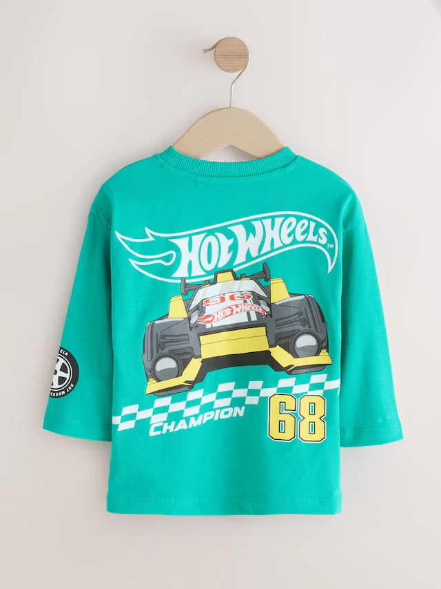 |Boy| Camiseta Verde Hot Wheels De Manga Comprida (9 meses a 8 anos)