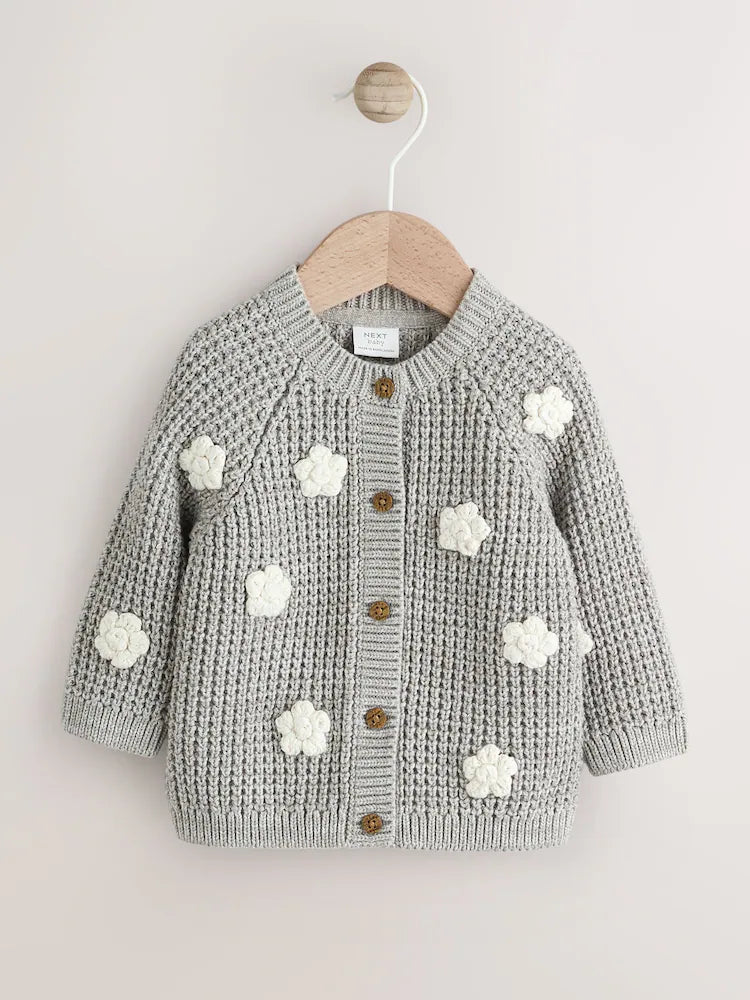 |BabyGirl| Cardigan De Tricô Com Flores De Crochê Cinza Para Bebê (0 meses a 3 anos)