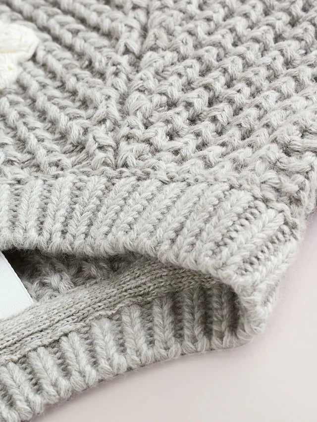 |BabyGirl| Cardigan De Tricô Com Flores De Crochê Cinza Para Bebê (0 meses a 3 anos)