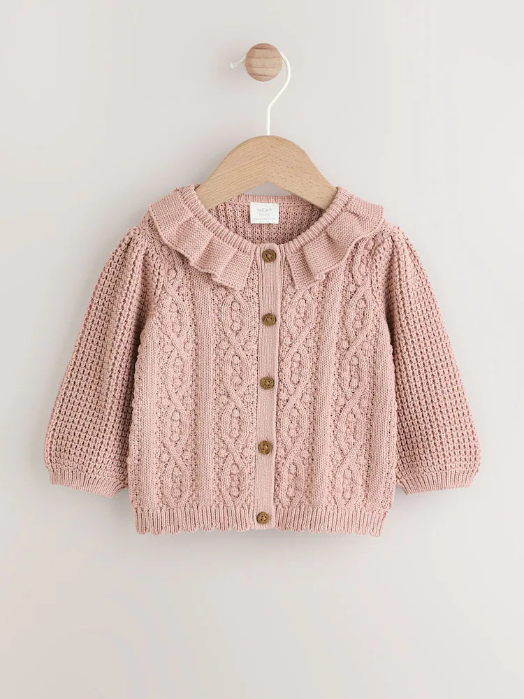 |BabyGirl| Cardigan De Bebê Com Gola De Babados e Tricô Rosa (0 meses a 2 anos)