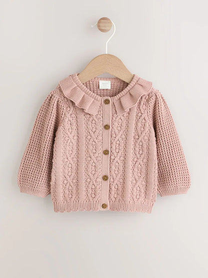 |BabyGirl| Cardigan De Bebê Com Gola De Babados e Tricô Rosa (0 meses a 2 anos)