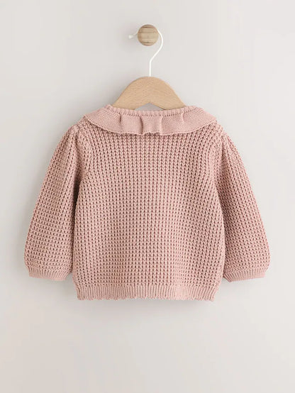 |BabyGirl| Cardigan De Bebê Com Gola De Babados e Tricô Rosa (0 meses a 2 anos)