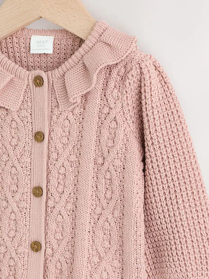 |BabyGirl| Cardigan De Bebê Com Gola De Babados e Tricô Rosa (0 meses a 2 anos)