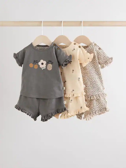 |BabyGirl| Conjunto De Blusa e Leggings 100% Algodão, Manga Curta, Cinza Carvão/Branco, Para Bebês, 6 Peças