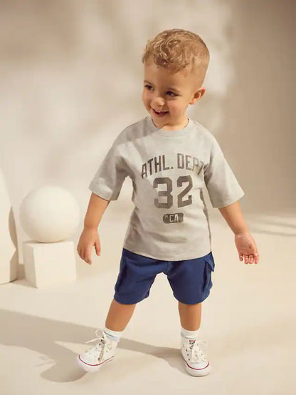 |Boy| Conjunto De Camiseta De Manga Curta Cinza/Azul e Shorts Utilitários (3 meses a 7 anos)