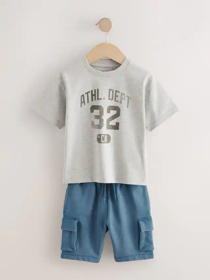 |Boy| Conjunto De Camiseta De Manga Curta Cinza/Azul e Shorts Utilitários (3 meses a 7 anos)