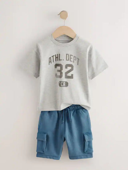 |Boy| Conjunto De Camiseta De Manga Curta Cinza/Azul e Shorts Utilitários (3 meses a 7 anos)