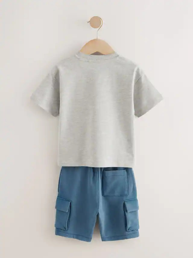 |Boy| Conjunto De Camiseta De Manga Curta Cinza/Azul e Shorts Utilitários (3 meses a 7 anos)