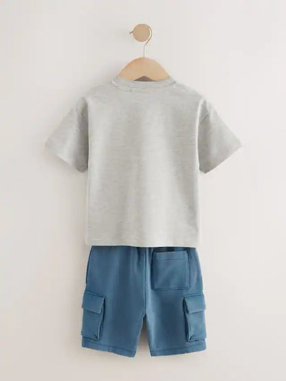 |Boy| Conjunto De Camiseta De Manga Curta Cinza/Azul e Shorts Utilitários (3 meses a 7 anos)