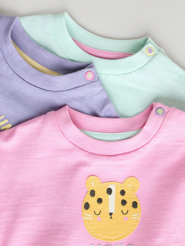 |BabyGirl| Blusas De Manga Curta Para Bebês, Azul/Verde/Roxo, Pastel, Pacote com 3