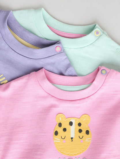 |BabyGirl| Blusas De Manga Curta Para Bebês, Azul/Verde/Roxo, Pastel, Pacote com 3