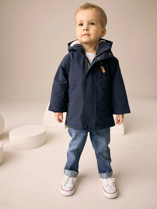 |Boy| Casaco Parka Impermeável Azul Marinho Com Forro Borg (3 meses a 7 anos)